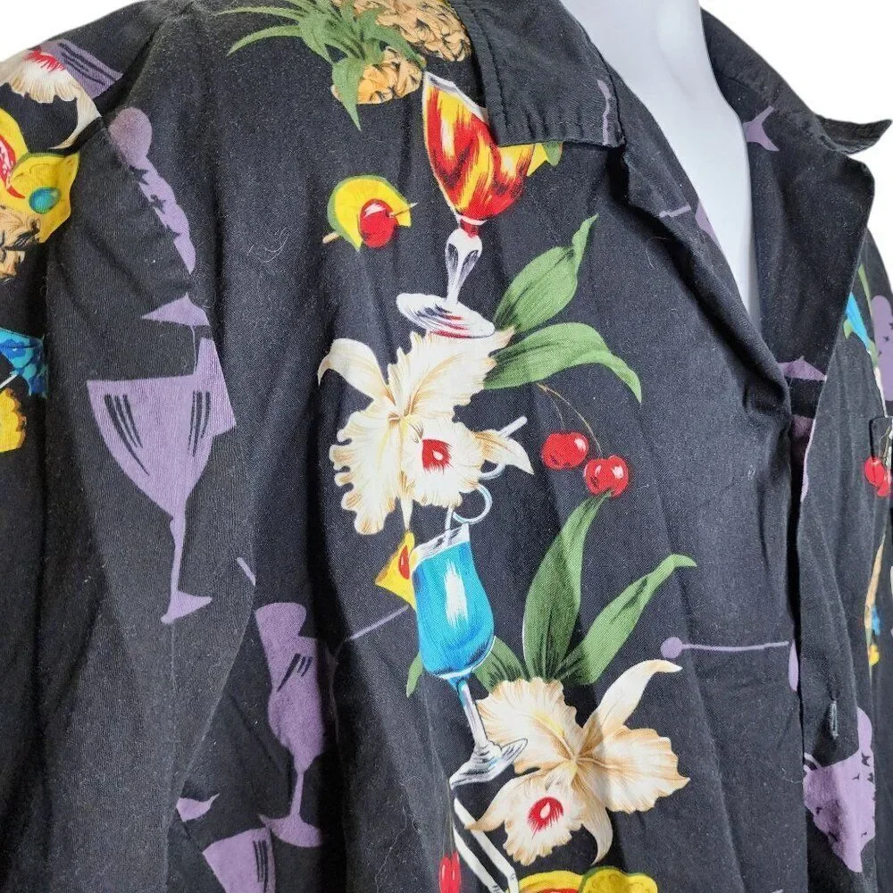 Vintage 80s Short Sleeve Button Up Hawaiian Shirt Mens Size XL Black Cocktails